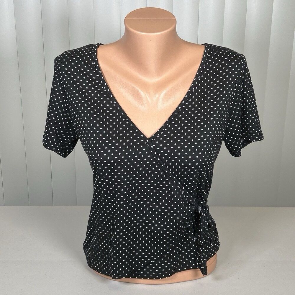 Ragdoll Black White Polka Dot Wrap Top Short Sleeve V-Neck Blouse Size Small